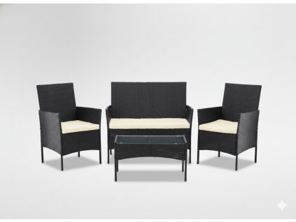 SET RATAN NAMJEŠTAJA (SOFA, 2 JASTUČE, STOL) CRNA + KREM.